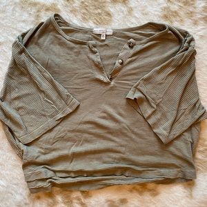 Urban Outfitters, olive green striped short sleeve “quarter button up”, size S